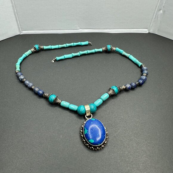 Natural Stone Lapis? Oval Pendant Silver Tone Mixed Beaded Necklace Vintage READ - Picture 1 of 11